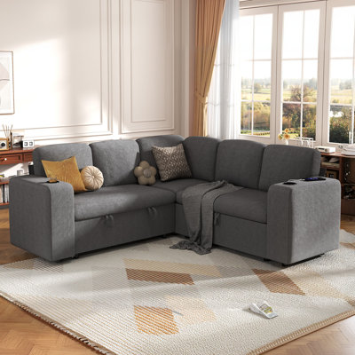 Canapé-lit modulaire 95,7 po avec lit escamotable, dossier réglable, ports USB et siège de rangement, canapé-lit modulaire convertible en forme de L pour le salon