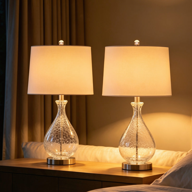 Ensemble de 2 lampes de table en verre transparent H 23 po avec abat-jour en lin blanc pour table de chevet
