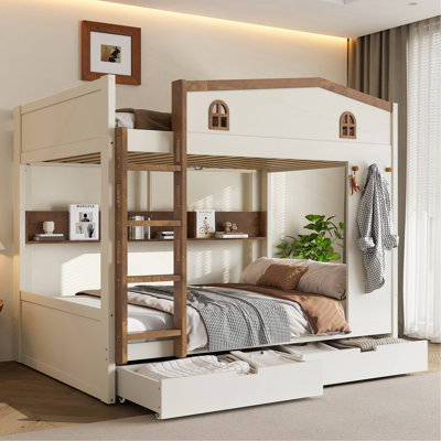 Bunk Bed With Storage Drawers And Shelves, Solid Wood Bunk Beds With Hooks, No Box Spring Needed
