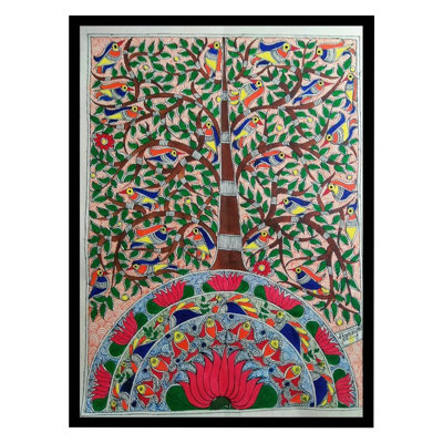 Peinture de Madhubani, arbre et faune | Acrylique sur papier fait à la main | Avec cadre