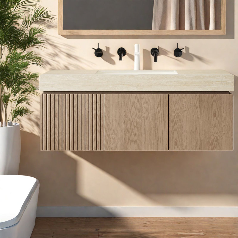Meuble-lavabo et lavabo spacieux avec plateau en travertin Roma