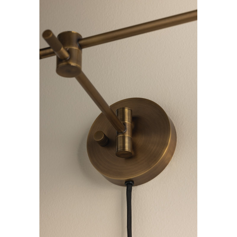 Patina Brass Swing Arm Plug-In Wall Sconce with White Linen Shade