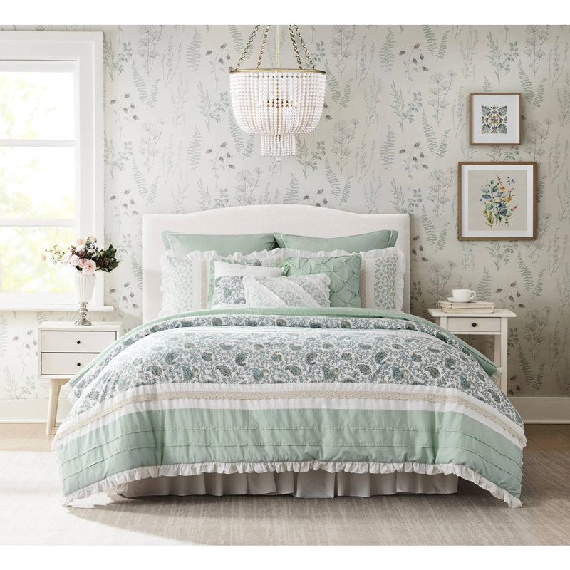 9 pièces en coton pour très grand lit - thème Shabby Chic avec édredon, édredons, taies décoratives et adorables coussins décoratifs