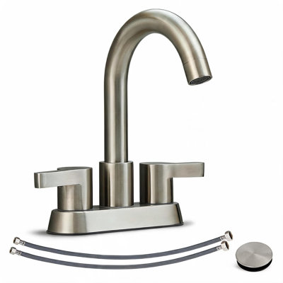 Robinet de lavabo de salle de bain central en acier inoxydable de 4 pouces à 4 poignées avec ensemble de bonde escamotable en nickel brossé