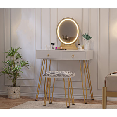 Table avec lampe miroir, coiffeuse avec tabouret rembourré et table pour chambre à coucher