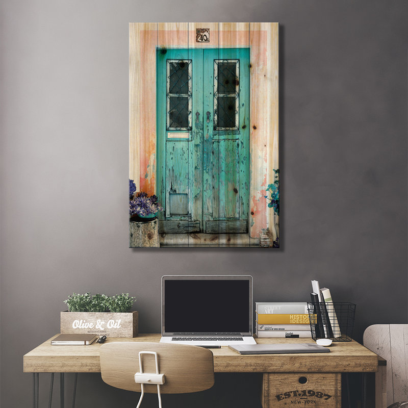 Vieille porte turquoise par Philippe Hugonnard - impression d'art graphique, H 26 po x l 18 po x P 1,5 po