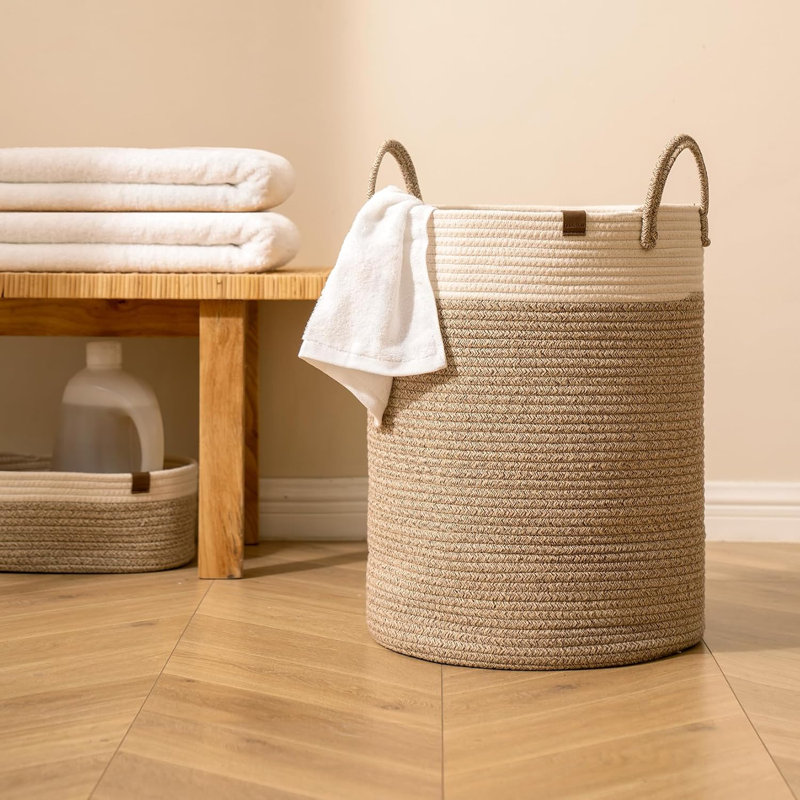 72L White/ Khaki Woven Rope Laundry Hamper, 20" H x 15" W x 15" D