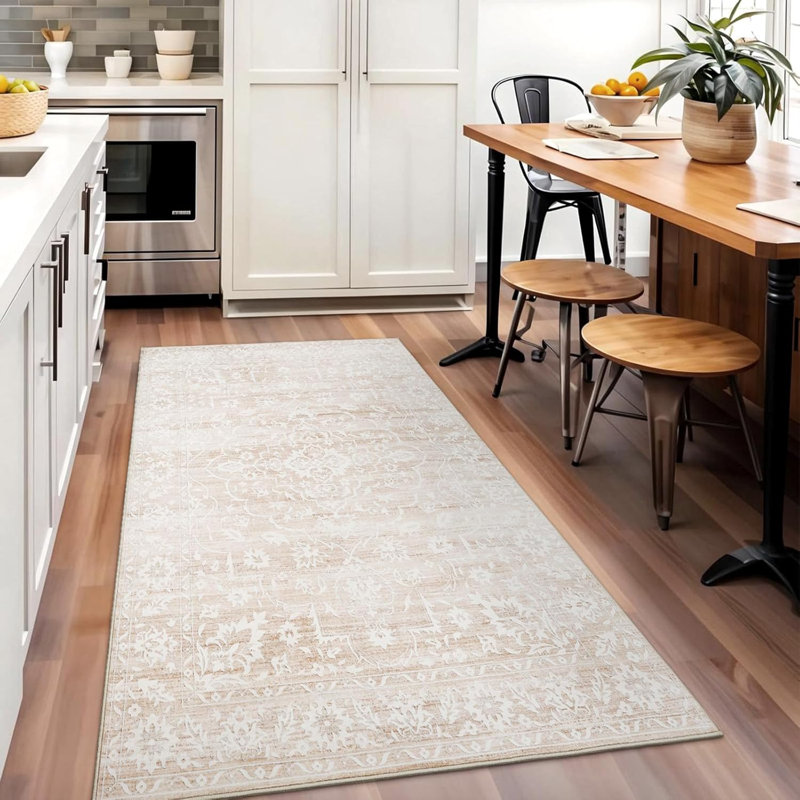 Machine Washable Medallion Floral Area Rug(Beige), Rectangle 4' x 6'
