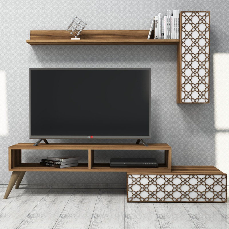 Meuble télé moderne avec tablette murale et armoire, noyer et blanc, 59,1 po x 14,9 po x 14,6 po | 100% panneau de particules enduit de mélamine, épaisseur: 0,7 pouce | Conception élégante avec plusieurs tablettes, fixation murale pour économiser de l'espace