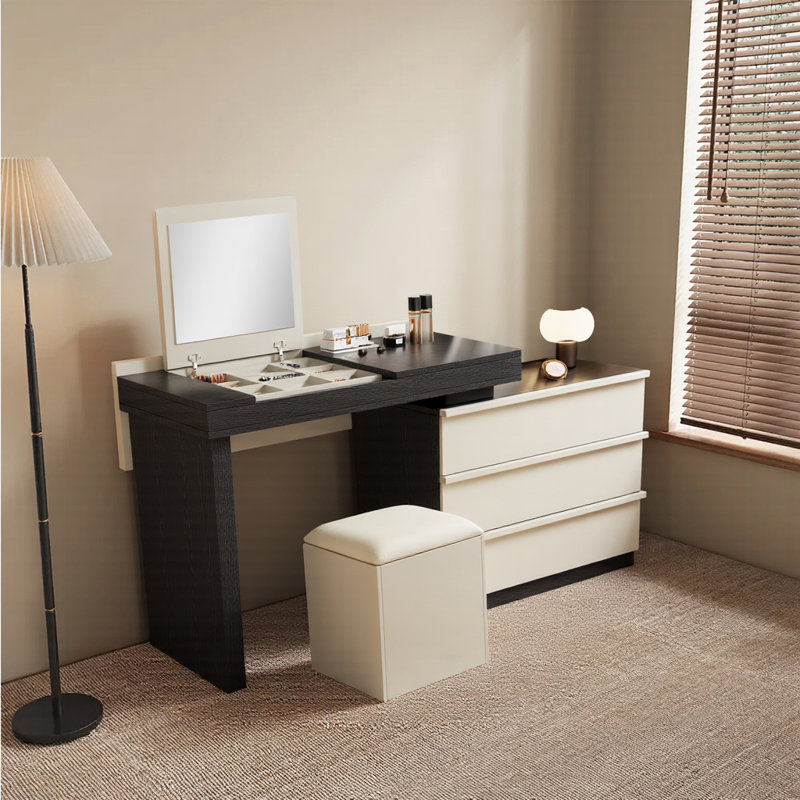 Modern Vanity With 3 Drawers And Upholstered Stool, Beige/black