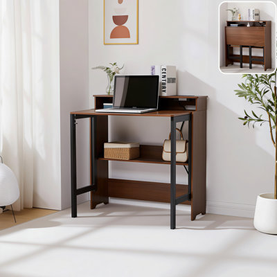 Walnut Folding Desk, Home Office Desk with Double Layer Shelf, Writing Desk With Built-In Power Outlet, Space Saving Computer Desk for Dorm, Bedroom, Office, Living Room