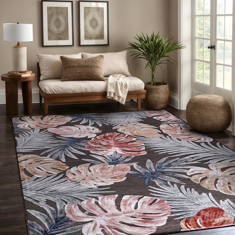 Tapis d'intérieur / extérieur à motif floral tissé à la machine, Rectangle 5 pi x 7 pi