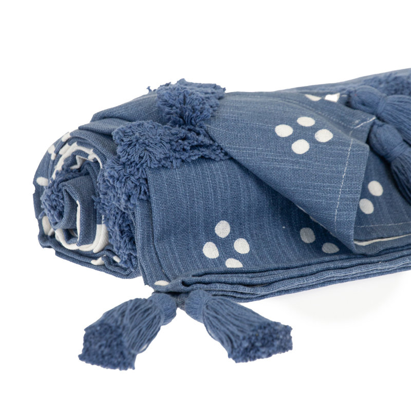 Jeté rayé en coton tissé bleu