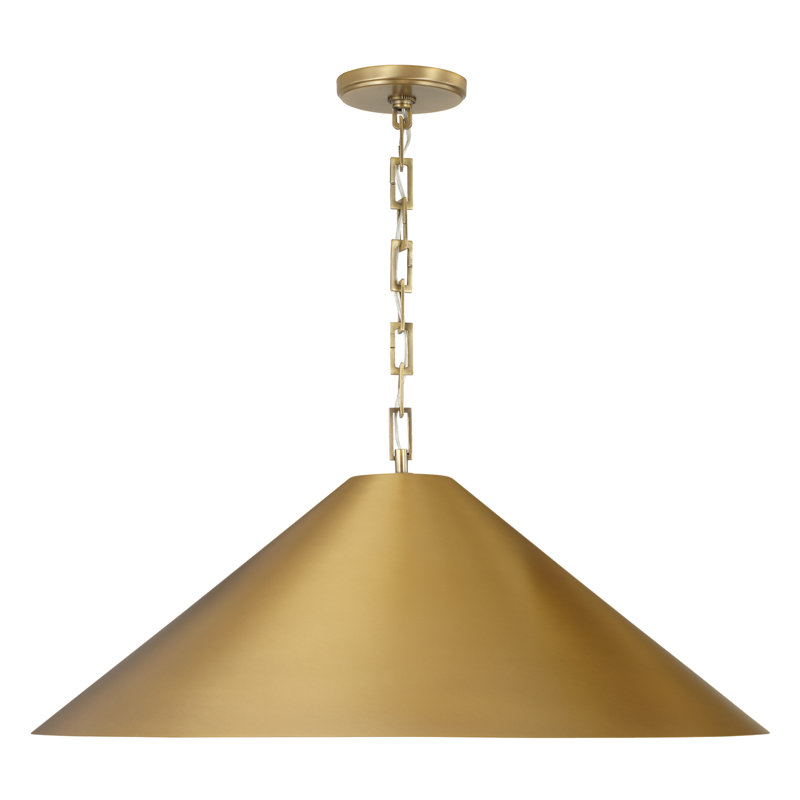 28" W x 10" H 1-Light Metal Cone Pendant in Aged Brass with Painted Brass Interior and Rectangular Designer Chain