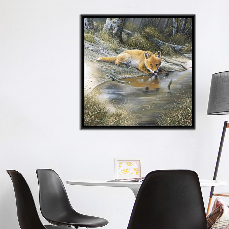 «A Fox Dr potable Water», impression sur toile, H 18 po x l 18 po x P 1,5 po, Toile avec cadre noir, Pas de tapis