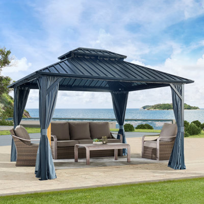 Auvent de pavillon double avec filet et rideaux, tente de jardin d'extérieur en fer galvanisé à toit rigide à 2 niveaux pour terrasse, cour, terrasse et pelouse
