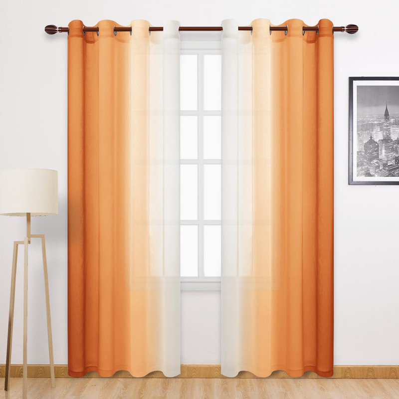 2 Panels Ombre Sheer Curtains Faux Linen Semi Voile Gradient Farmhouse Style Curtains, Grommet Top Window Drape Panels for Bedroom and Living Room