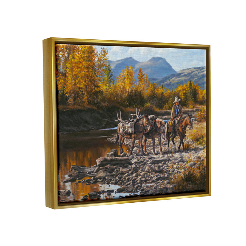 «Down From High Country Cowboy» par David Graham, H 17 po x l 21 po x P 1,7 po, Cadre flottant métallique doré