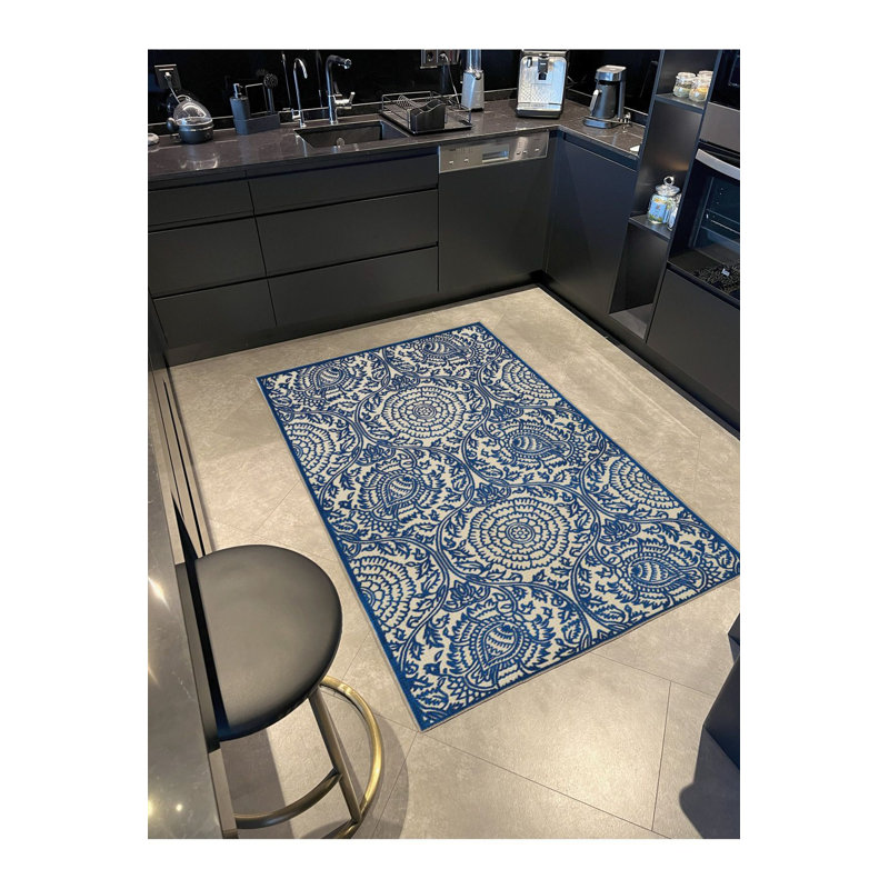 Tapis bleu tissé à motif géométrique lavable à la machine, Tapis de couloir 3 pi 3 po x 6 pi 7 po inclus