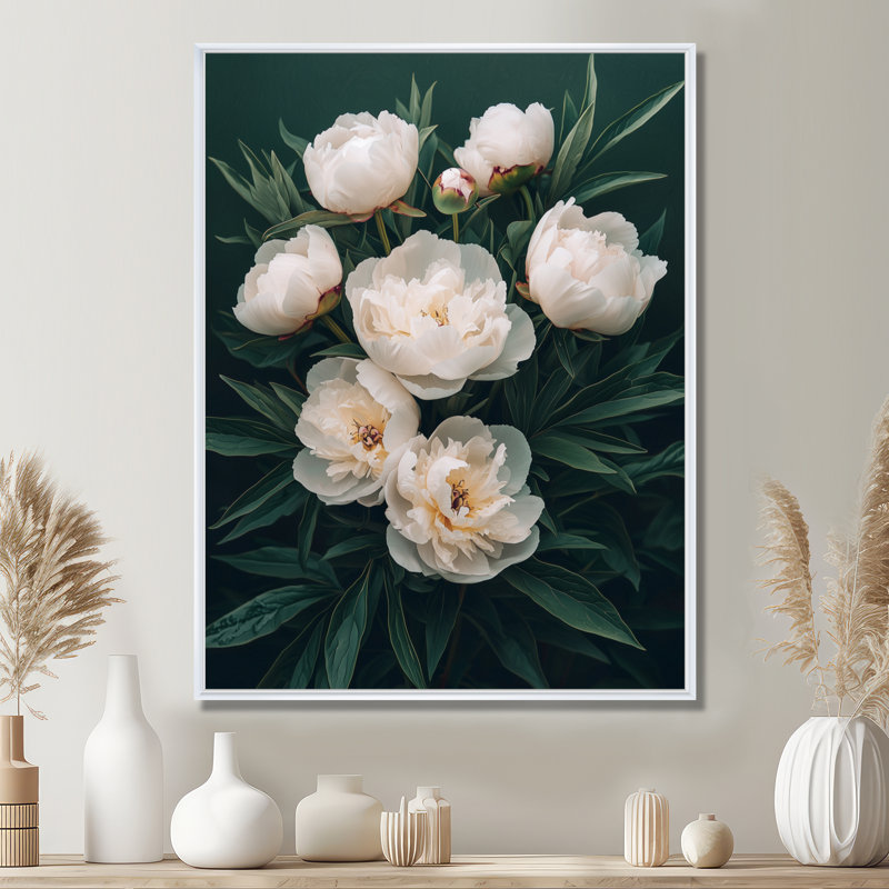 Art sur toile, pivoines sombres II, H 32 po x l 16 po, Reproduction avec cadre flottant, Blanc