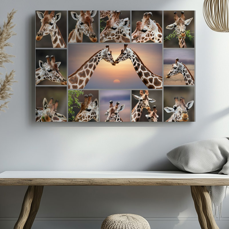 La toile crée un collage fantaisiste de diverses girafes mettant en vedette leurs caractéristiques et expressions murales uniques contre un art mural sur toile