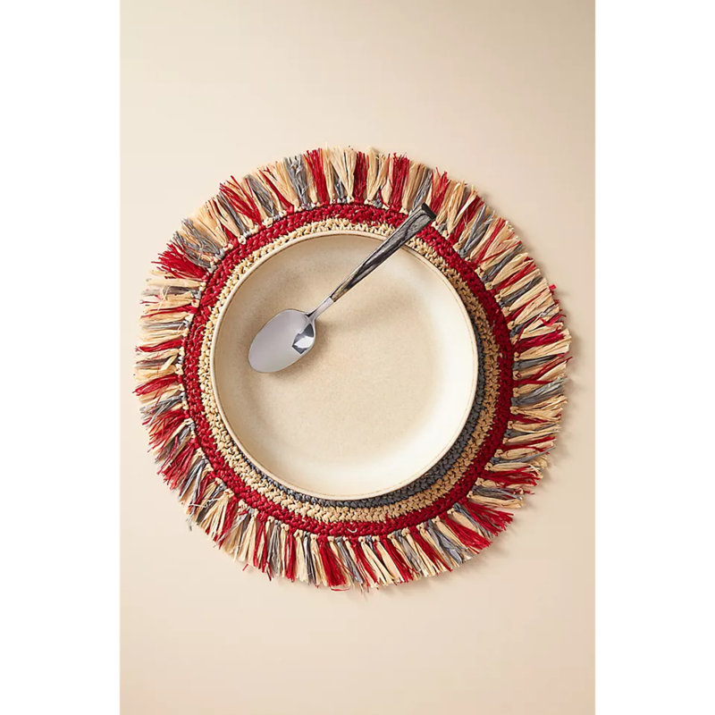 Napperon tissé à la main Americana - Tapis de table rond en raphia avec rayures rouges, blanches et bleues - Décoration de table patriotique - Accent de pique-nique du 4 juillet