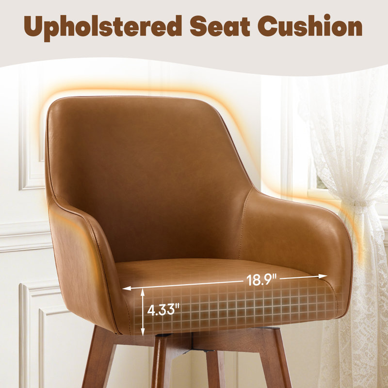 Advika 25" Swivel Upholstered Counter Stool With Solid Rubberwood Frame &  Full Back Arms, Brown