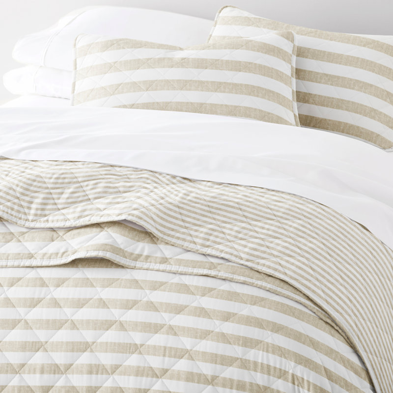 Natural Beige and White Striped Microfiber Full Quilt Set