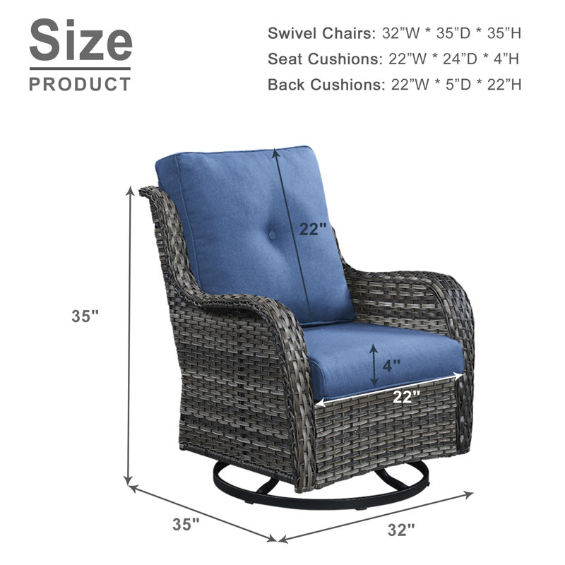 Bonia Swivel Rocker Patio Gliding Chair with Cushions (Set of 4), Gray Frame/ Blue Cushion