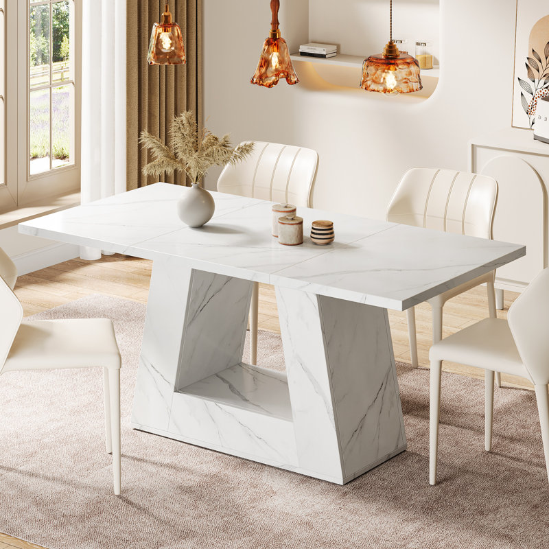 White Faux Marble Rectangular Dining Table with Trapezoidal Base