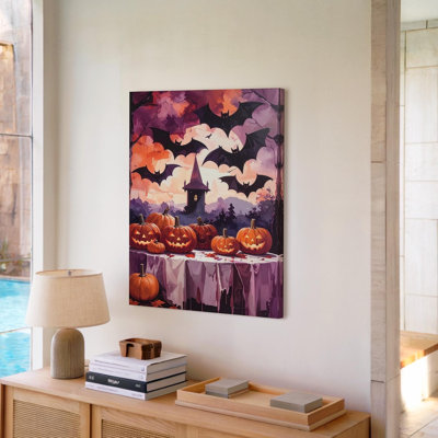 Canvas Wall Art Dramatic Jack O Lantern Display Vampire Bats And Dark Forest Art Ready To Hang Gallery Wrapped Home Decor Modern Design