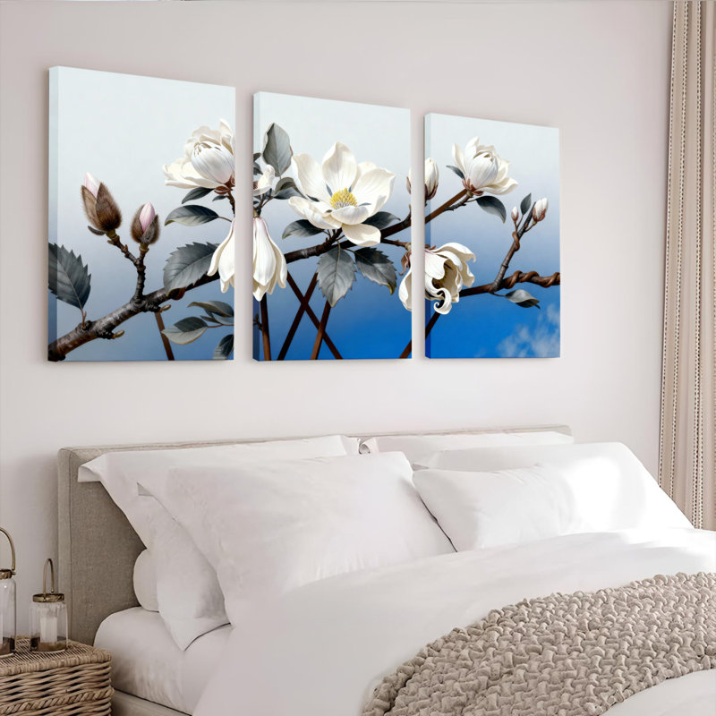 Ensemble de 3 toiles murales représentant des fleurs de magnolia - Décoration florale élégante pour le salon, la chambre ou la maison