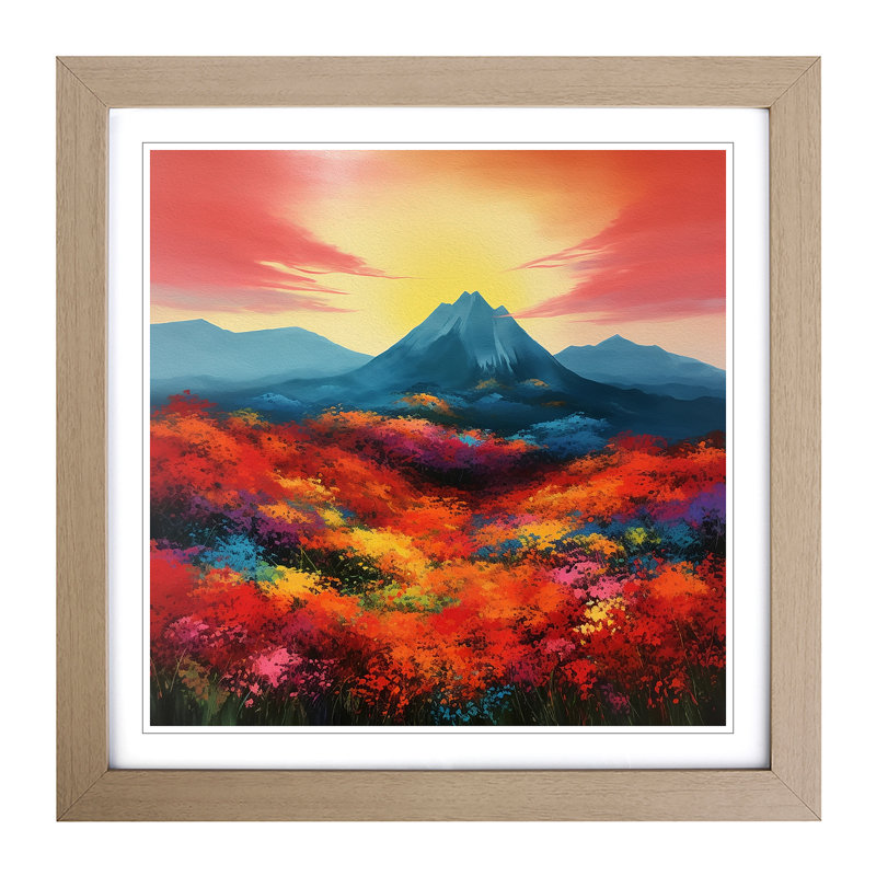 Japanese Mountains Colour Field Painting - Single Picture Frame Print on Wood, Oak