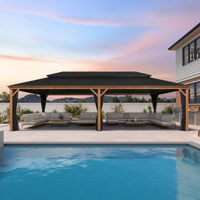 PURPLE LEAF 14' X 28' Outdoor Hardtop Gazebo For Patio Galvanized Steel Double Roof Permanent Canopy Teak Finish Coated Aluminum Frame Pavilion Gazebo With Netting