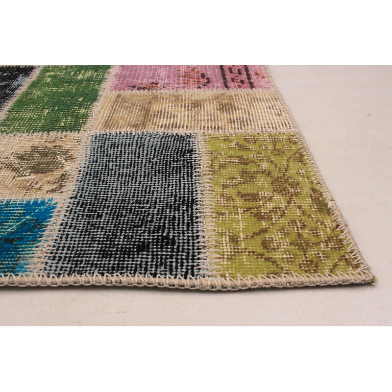 Tapis unique en laine noué à la main bleu, jaune et brun des années 2010 de 4 pi 9 po x 6 pi 7 po Berrilee