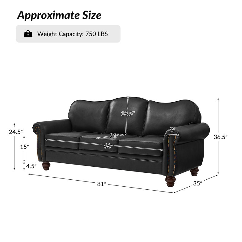 Dielle Transitional 81" Wide Leather Sofa with Solid Wood Legs, Black