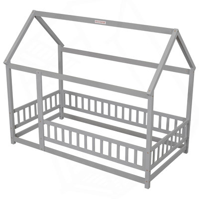 Floor Wooden Bed with House Roof Frame, Fence Guardrails