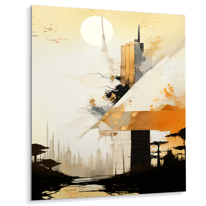 «Gray and Gold Sunset Collage II», art mural abstrait en métal, H 40 po x l 30 po x P 1,5 po