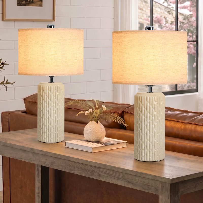 Ensemble de lampes de table 21 po en céramique texturée moderne avec abat-jour tambour en lin, Cream