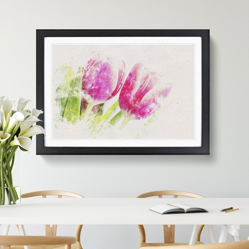 Pair of Pink Tulip Flowers - Framed Print, 62cm H x 87cm W x 2cm D, Black Framed