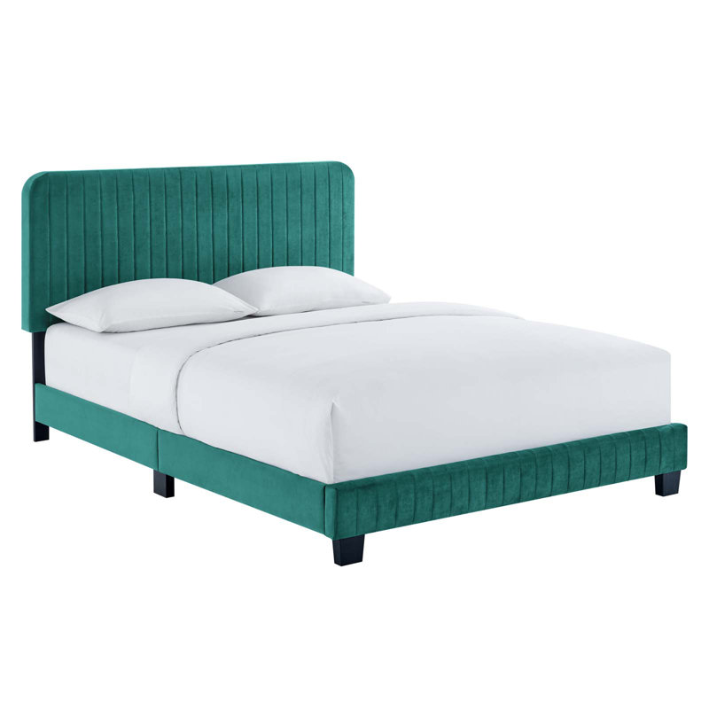 Lit plateforme en velours Celine Channel, Simple, Sarcelle