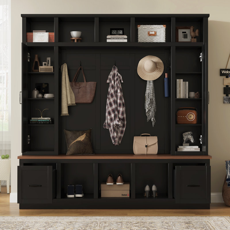Hearthwood 72" Hall Tree with Bench and Shoe Storage, Coat Rack and 8 Open Cubbies, Black