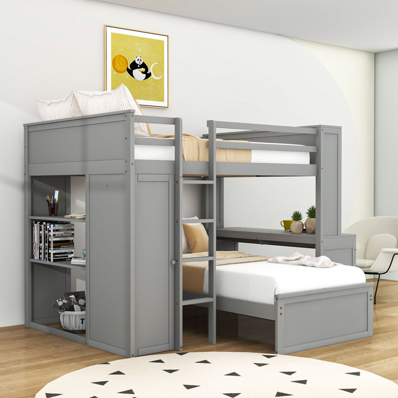 Asgun Wood Bunk Bed with Shelves,Desk and Drawer, Full Over Twin, Gray