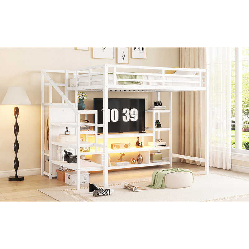 Lit mezzanine double en métal avec armoire télé et penderie - Blanc, Blanc