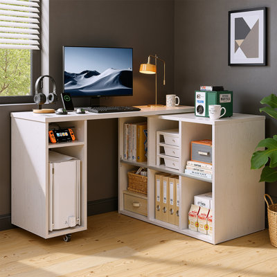 67" Black L-shaped Desk With Charging Station & 360° Rotating Top, Multi-functional Computer Desk For Office, Bedroom & Living Room