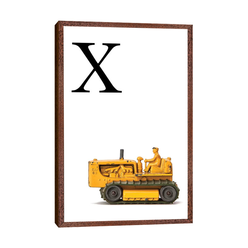 X Bulldozer Yellow White Letter - Print on Canvas, Classic Brown Wood Framed, 66.04 cm H x 45.72 cm W