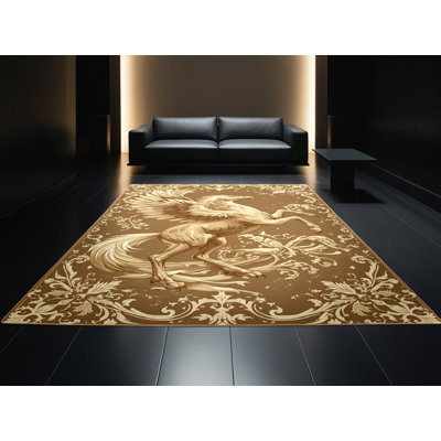 Tapis damassé classique brun lavable à la machine Joyce Hippogriff - reliure brun clair