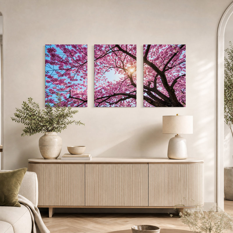 «Pink Cherry Blossom Tree Against Blue Sky», ensemble de 3 toiles murales, 18"H x 12"W x 3pcs