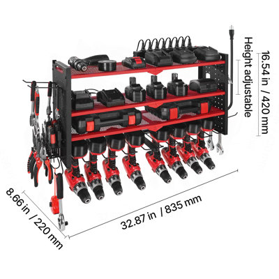 Organisateur d'outils électriques avec station de charge, support de rangement pour perceuses à 3 niveaux avec 4 porte-perceuses et panneau perforé latéral, organisateur d'outils de garage avec multiprises intégrées à 8 prises pour garage, établi, atelier