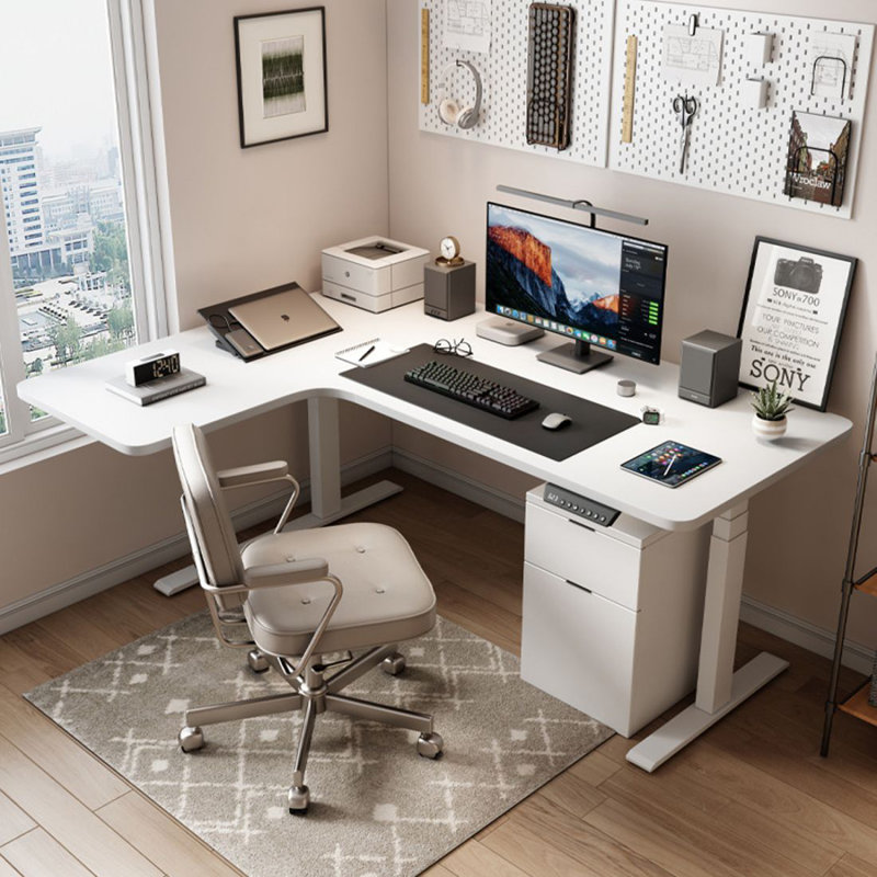 White Rectangular Manufactured Wood+Steel Writing desk, 29.53" H x 55.12" W x 39.37" D, Left Hand Return